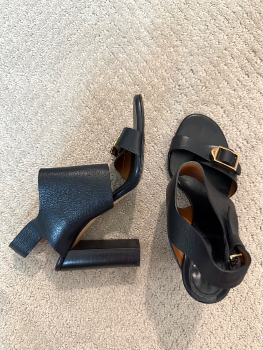 Chloe Black Leather Block Heel Sandals with Gold Buckle